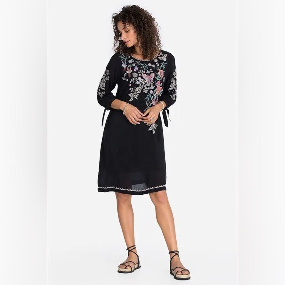 Johnny Was Embroidered Arva Dress Black Tie Cuffs Size XS Butterflies Boho